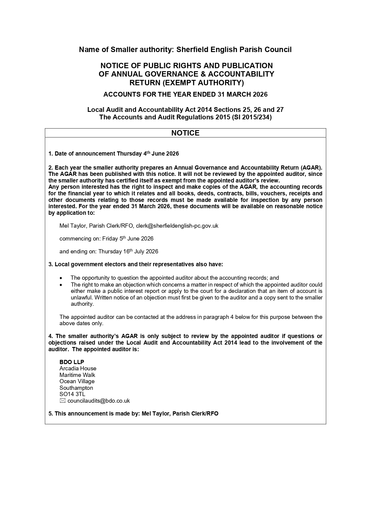 Sherfield English Parish Council Notice of Public Rights 2025-26